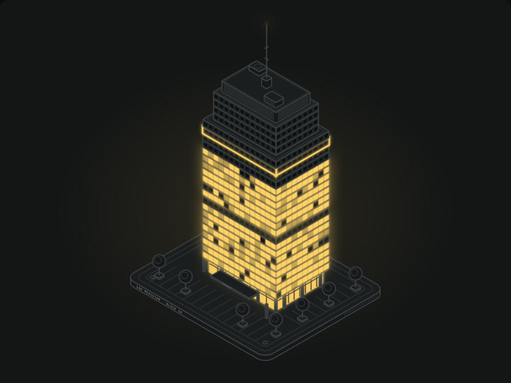 An isometric office tower drawn in thin grey lines, most of its floors lit amber.